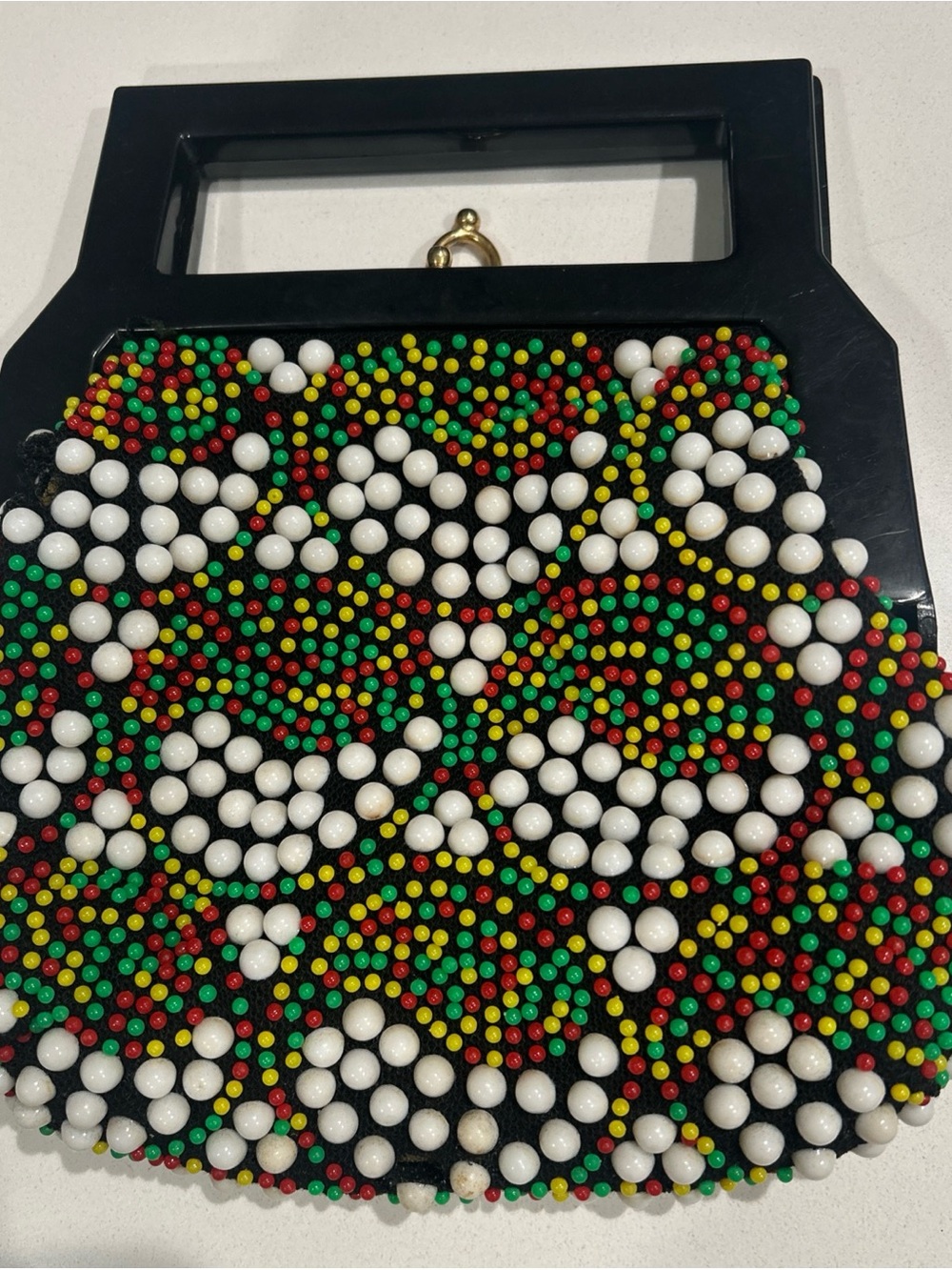 Vintage Beaded Black Wooden Clutch with Multicolor Candy Dot Made in Hong Kong